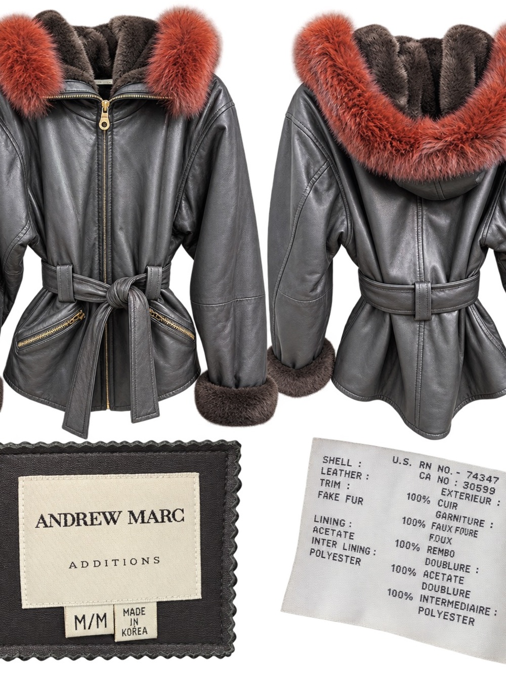 Women's Black Leather Jacket with Red Fur Trim